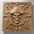 Wooden plaque with skull and crossbones design on a gray background