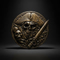 Bronze medallion with skull and sword design on a black background