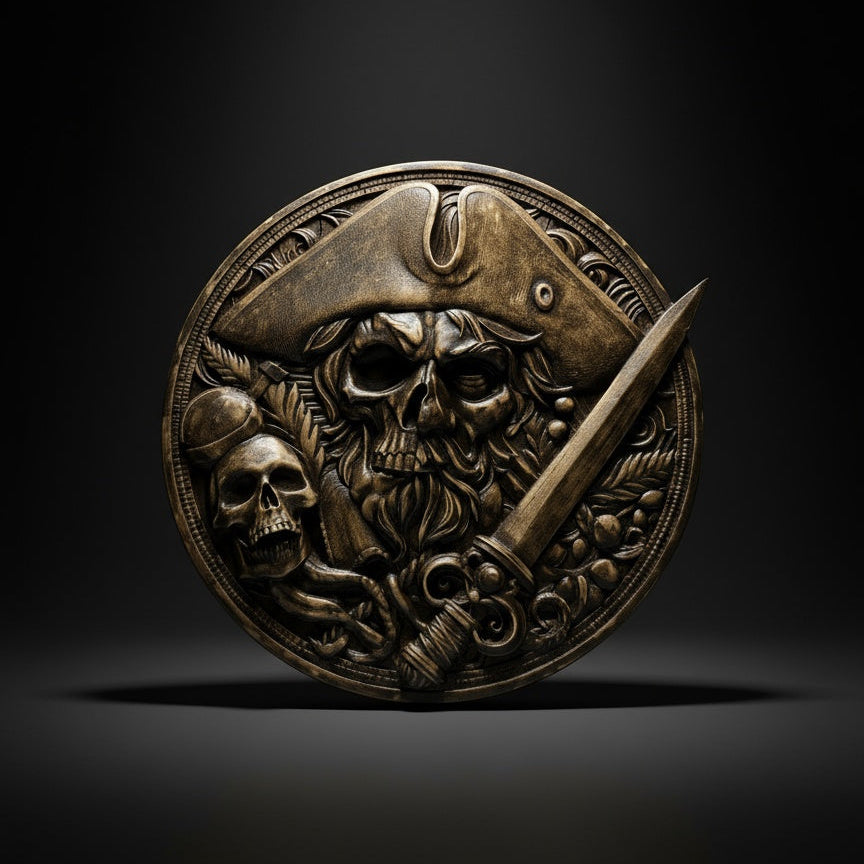 Bronze medallion with skull and sword design on a black background